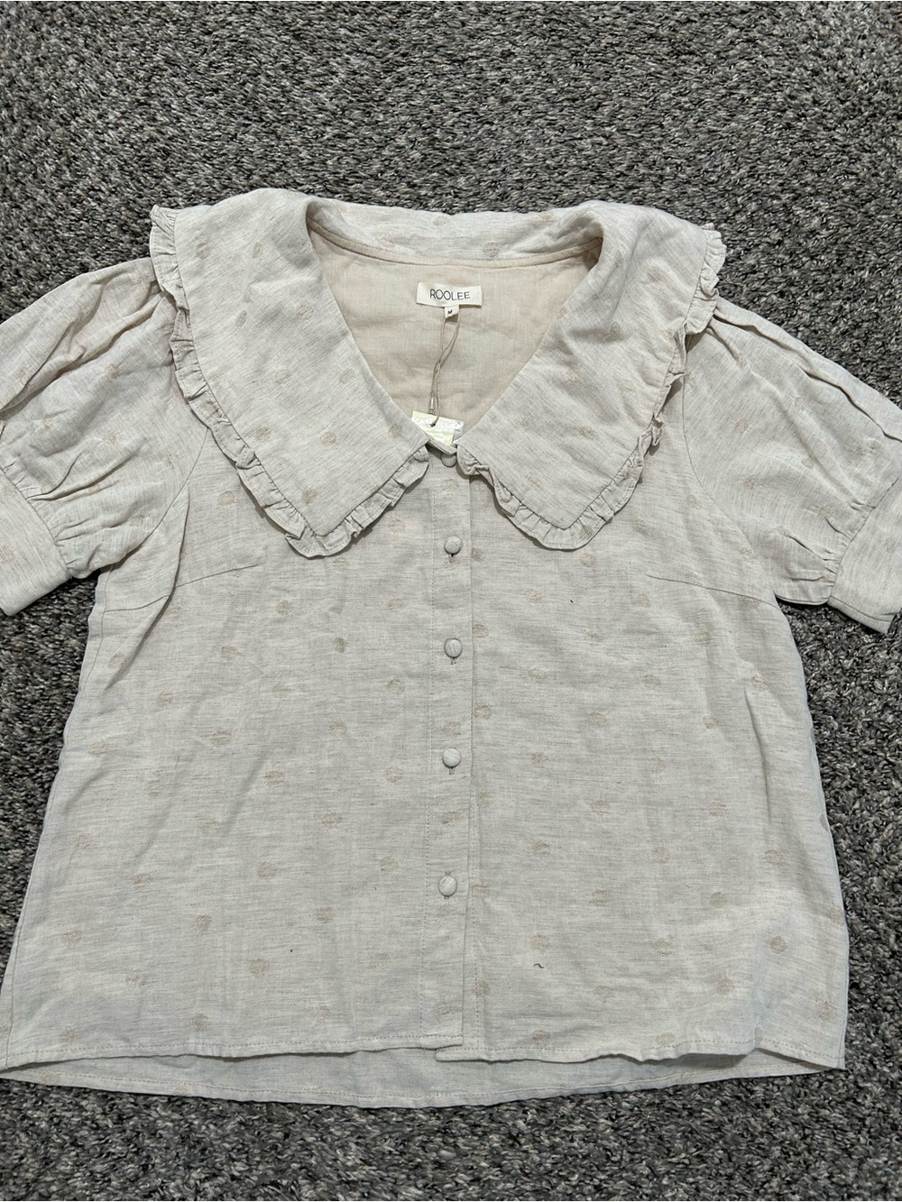 Roolee Beige Ruffled Collar Button Blouse